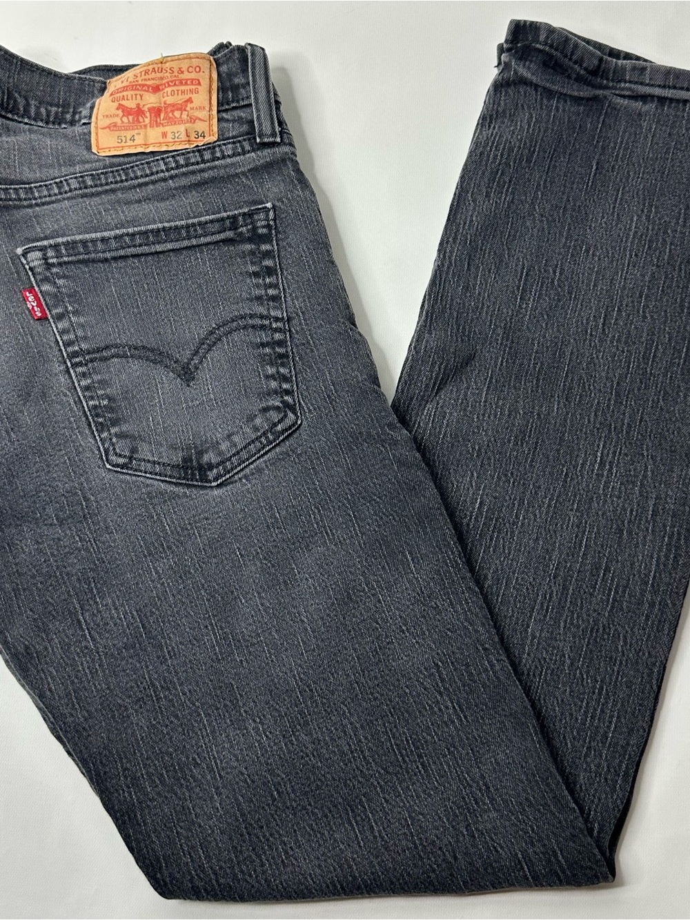 Levi’s 514 Mens 32x34 Black Gray Slim Straight Jeans Faded Grunge Stretch Denim